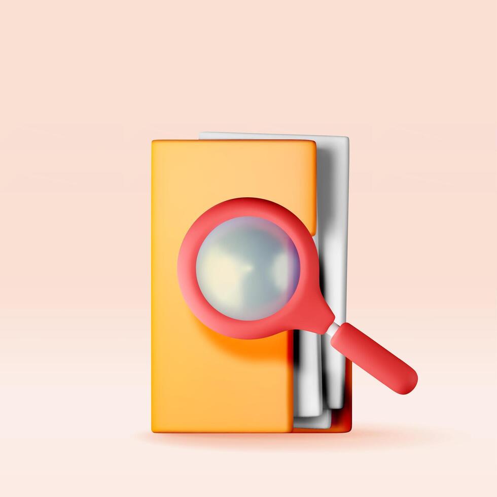 3D document folder with magnifying glass. Render analysis of folder with loupe. Focus research and online data monitoring. Discovery, analysis, research, vector