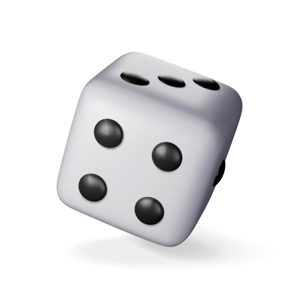 3D dice white playing cube isolated on white. Render rolling dice cube with dots icon. Idea of random choice or decision. Poker dice gambling casino, bet and sports icon vector