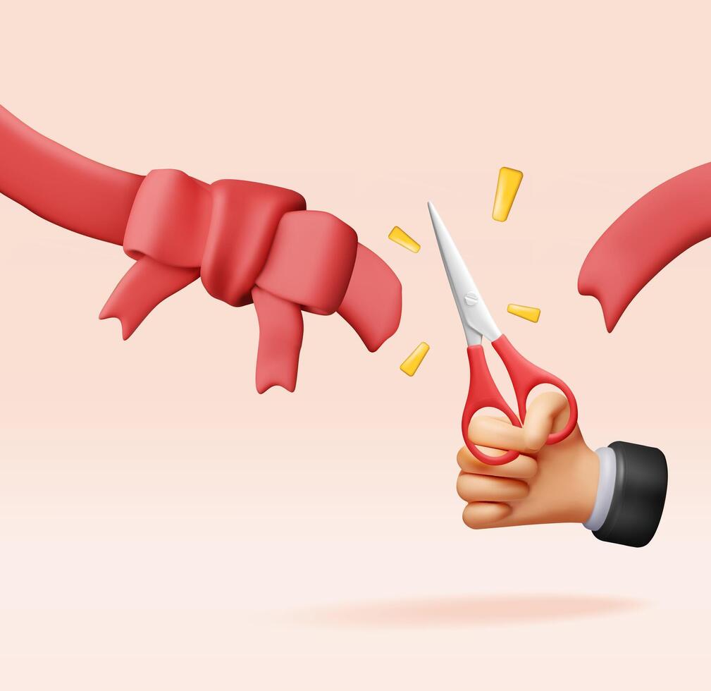 3D Hand with scissors cut red ribbon with bow. Render concept of opening ceremony, celebration, surprises. Satin bow and ribbon grand opening vector