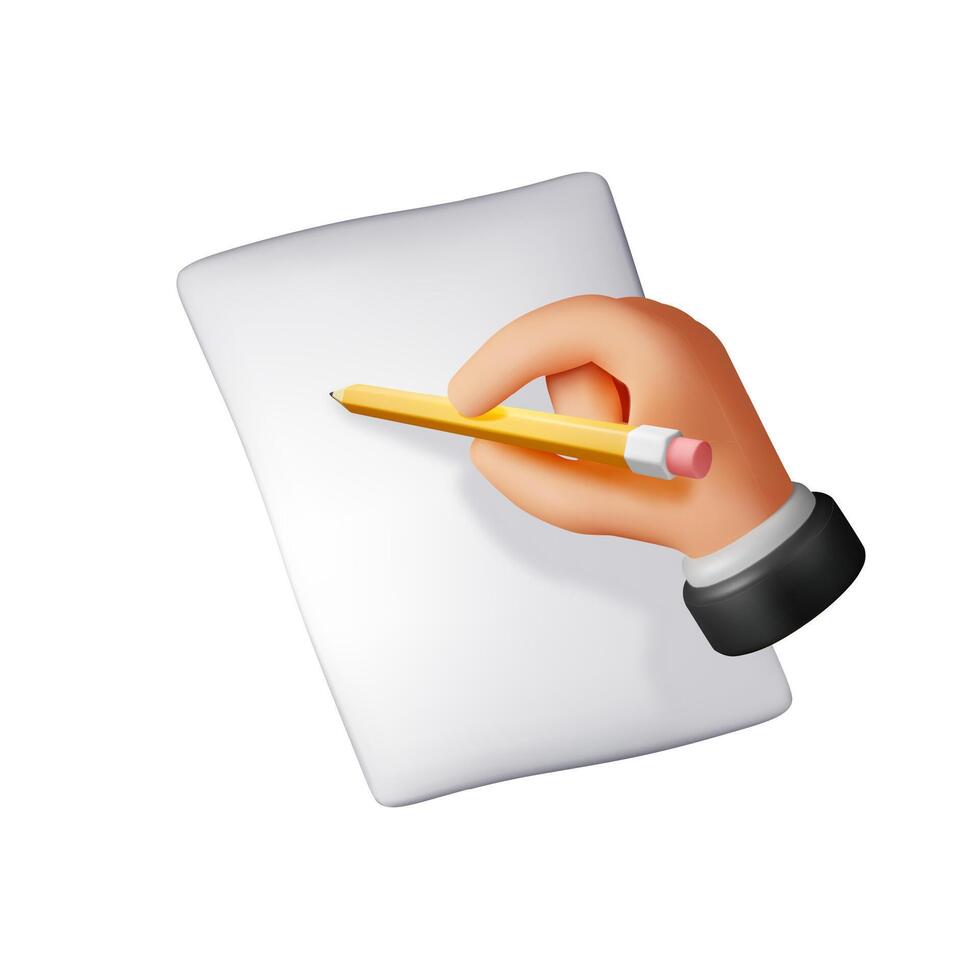 3d white blank paper page and hand with pencil isolated. Render paper sheet and pencil with rubber eraser. Empty document, mail, notes or letters mockup. vector
