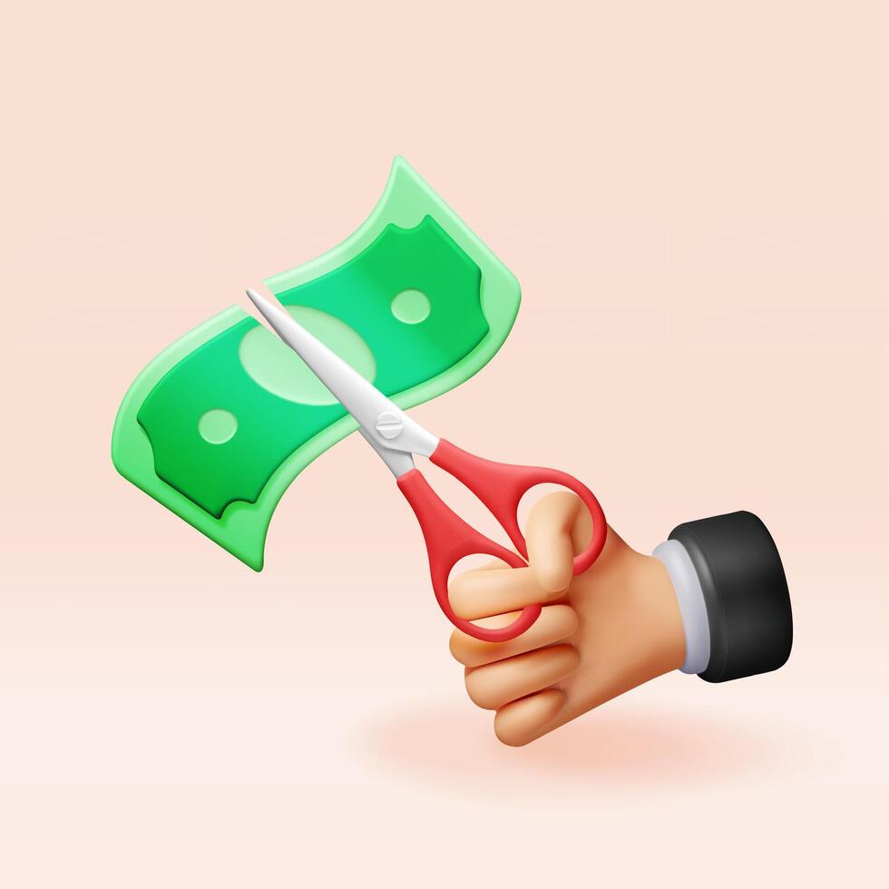 3D hand with scissors cutting dollar banknote isolated. Render cutting money icon. Concept of big discount, half price, overspending or price cut. Losing money or financial crisis. vector
