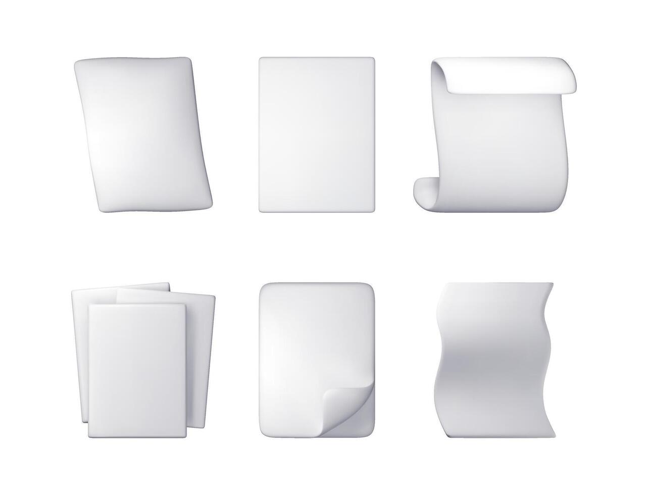 3d set of white blank paper pages isolated. Render collection of paper sheets with curled corners and folded edges. Empty documents, notes or letters mockup. vector