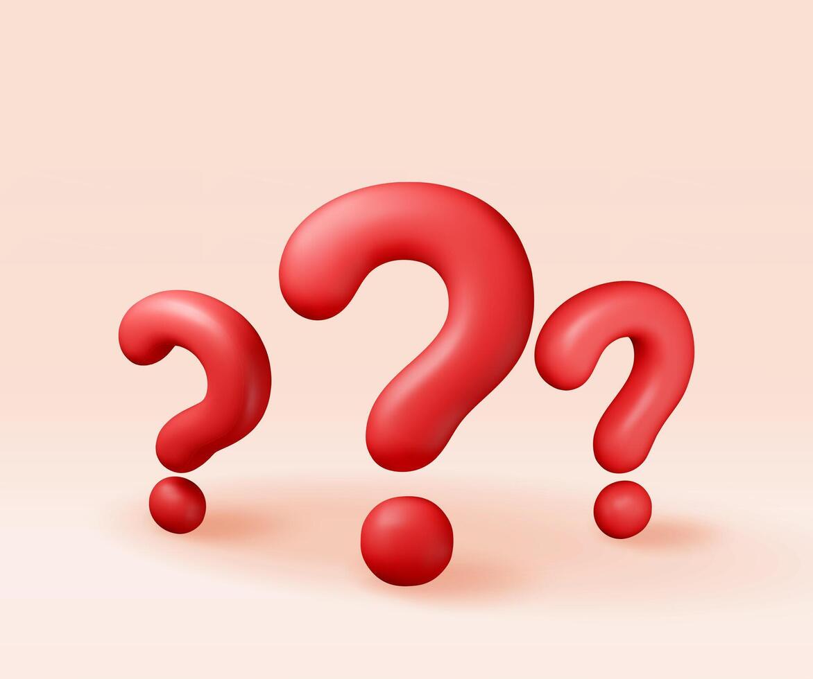 3D red question mark isolated. Render question symbol. Thin realistic icon. Concept of FAQ, support and help. Problem, survey, information vector