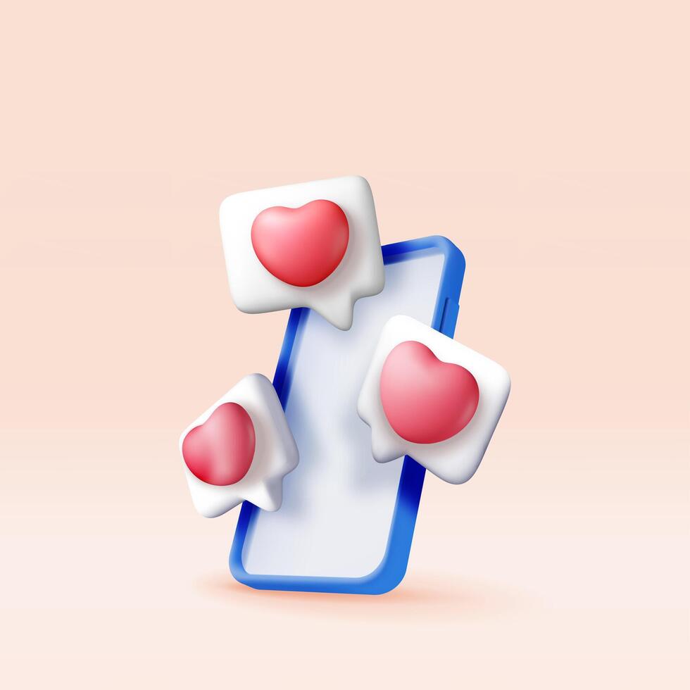 3D like icon with heart and smartphone isolated. Social media notification button. Love like symbol in square speech bubble. Rendering chat balloon. Social network media app. vector