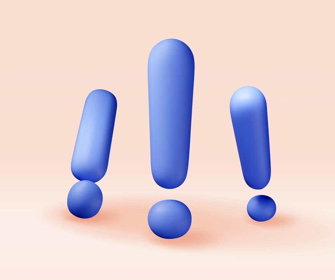 3D blue exclamation mark isolated on white. Render attention, information, danger and warning icon. Alert and alarm symbol. Social media network notification reminder vector