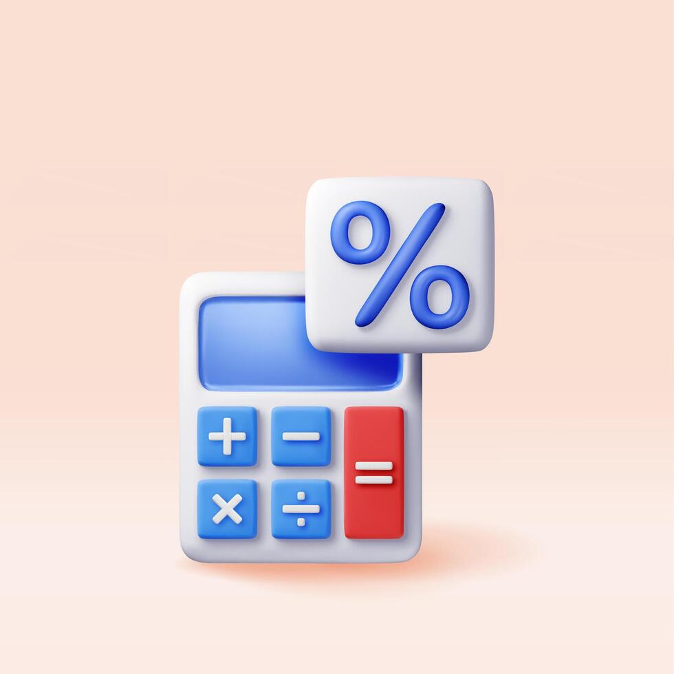 3D modern calculator with percentage sign. Mathematics icon. Addition, subtraction, multiplication and division buttons. Arithmetic operations. vector