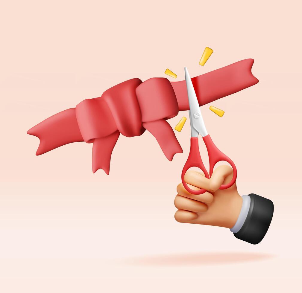 3D Hand with scissors cut red ribbon with bow. Render concept of opening ceremony, celebration, surprises. Satin bow and ribbon grand opening, product presentation symbol. vector