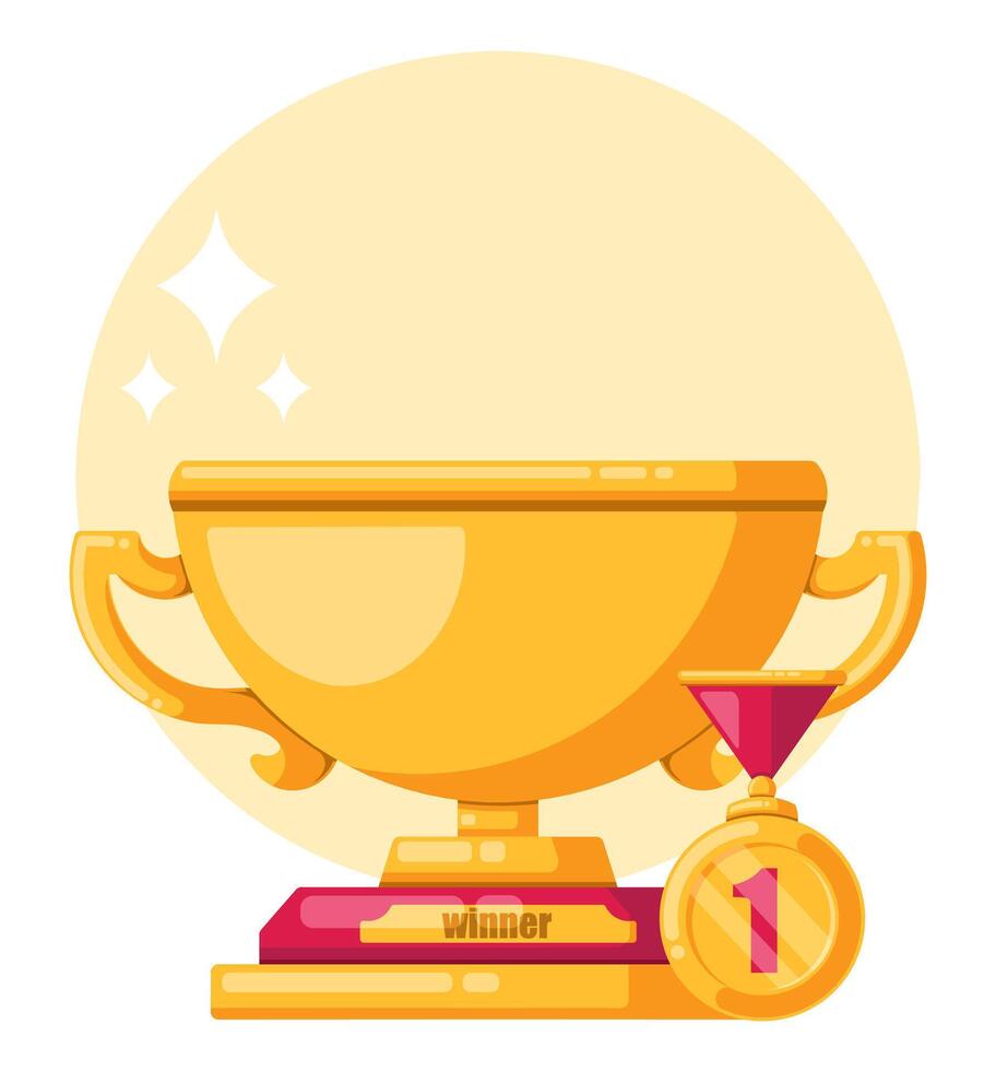 gold trophy with gold medal number 1. Flat design style vector