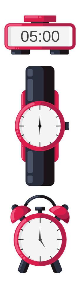 Set of watch, alarm clock, digital alarm clock illustration flat design vector