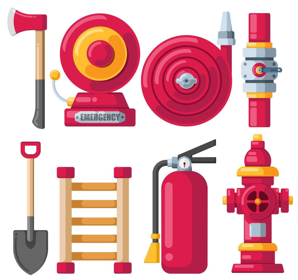 Set of fire fighting equipment on white background. Axe and hydrant, fire alarm, shovel, Ladder, pipeline, fire extinguisher. flat design style vector