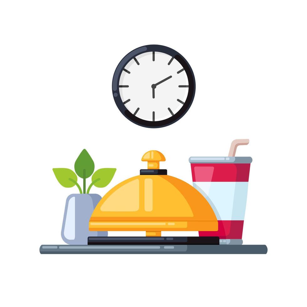 tools on the reception desk. bell, wall clock, and plant decoration vector