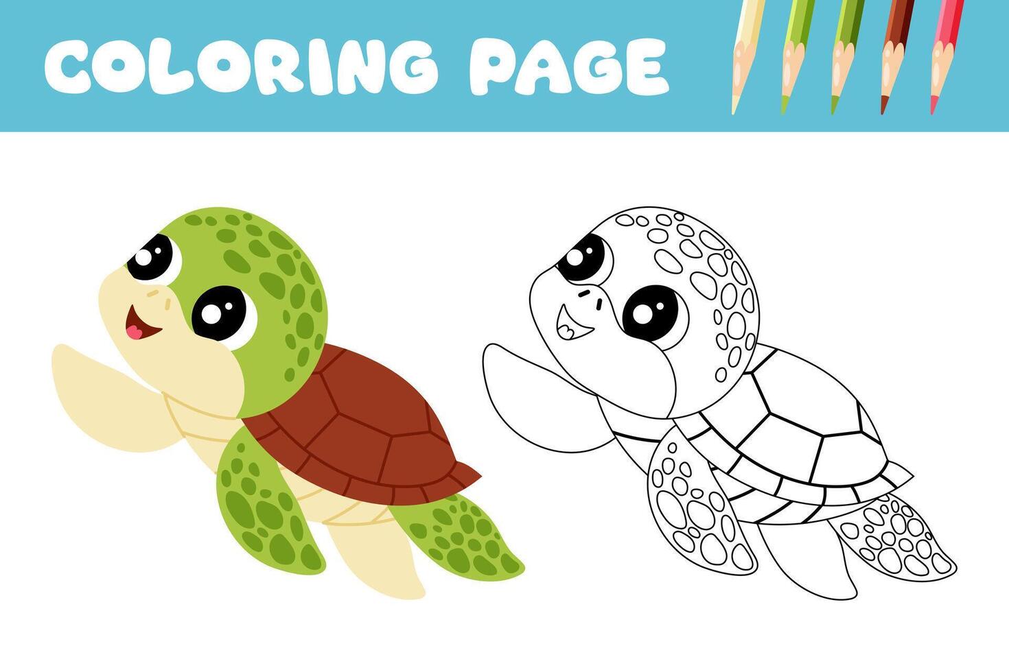 Funny turtle drawn contour lines. Kids colouring page of cute sea turtle. Educational game for children. Flat illustration marine animal on white background. vector