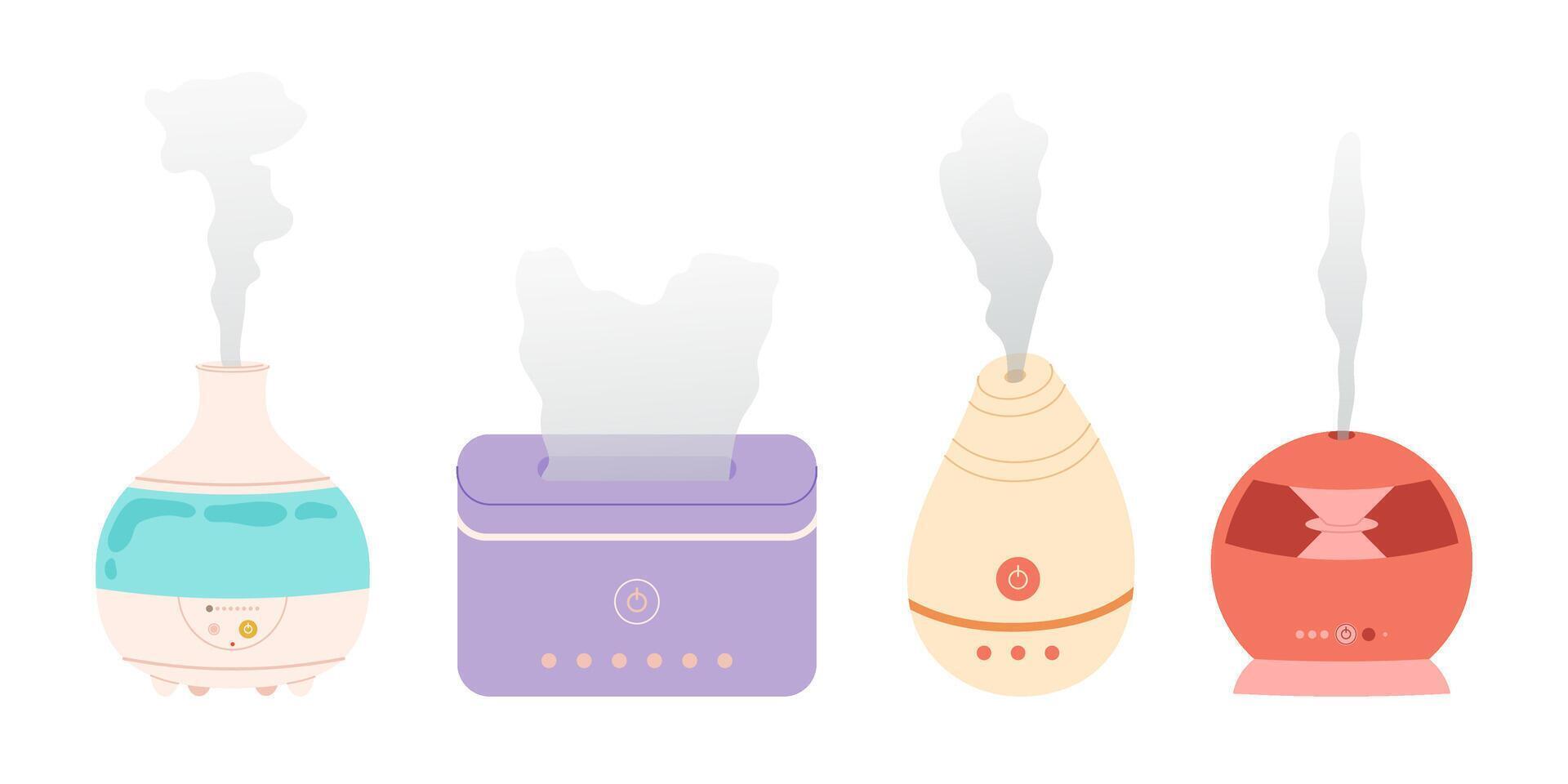 Electric aroma diffusers of different designs. Healthy lifestyle, self care. Relax time, aromatherapy. Set humidifier different shapes. vector