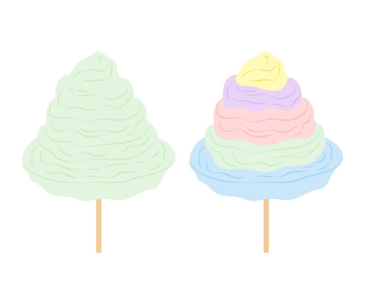 Candyfloss on stick. Flat illustrations in multi-coloured Cotton Candy. Sweet sugar dessert. Takeaway. Park, lunapark, cinema, circus. vector