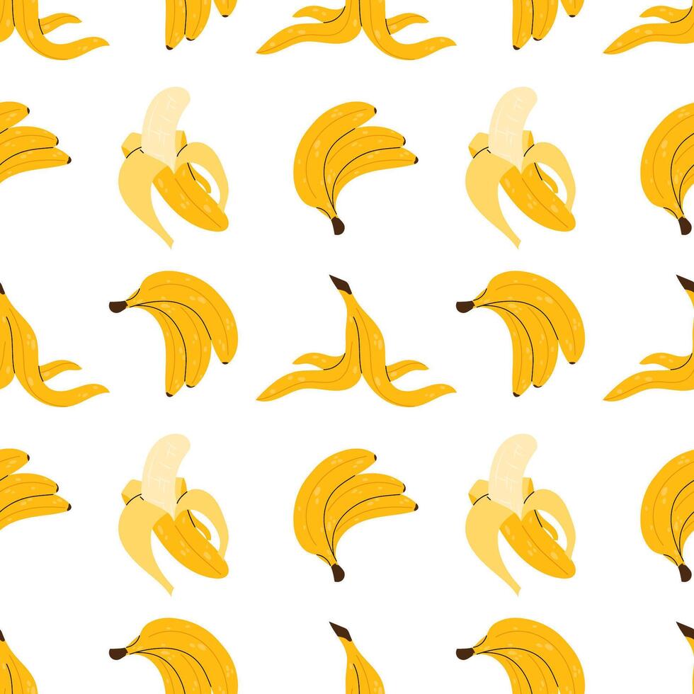 Seamless pattern with yellow ripe banana on white background. For textile, wrapping paper, postcards or covers. Tropical fruit. Banana peel. vector