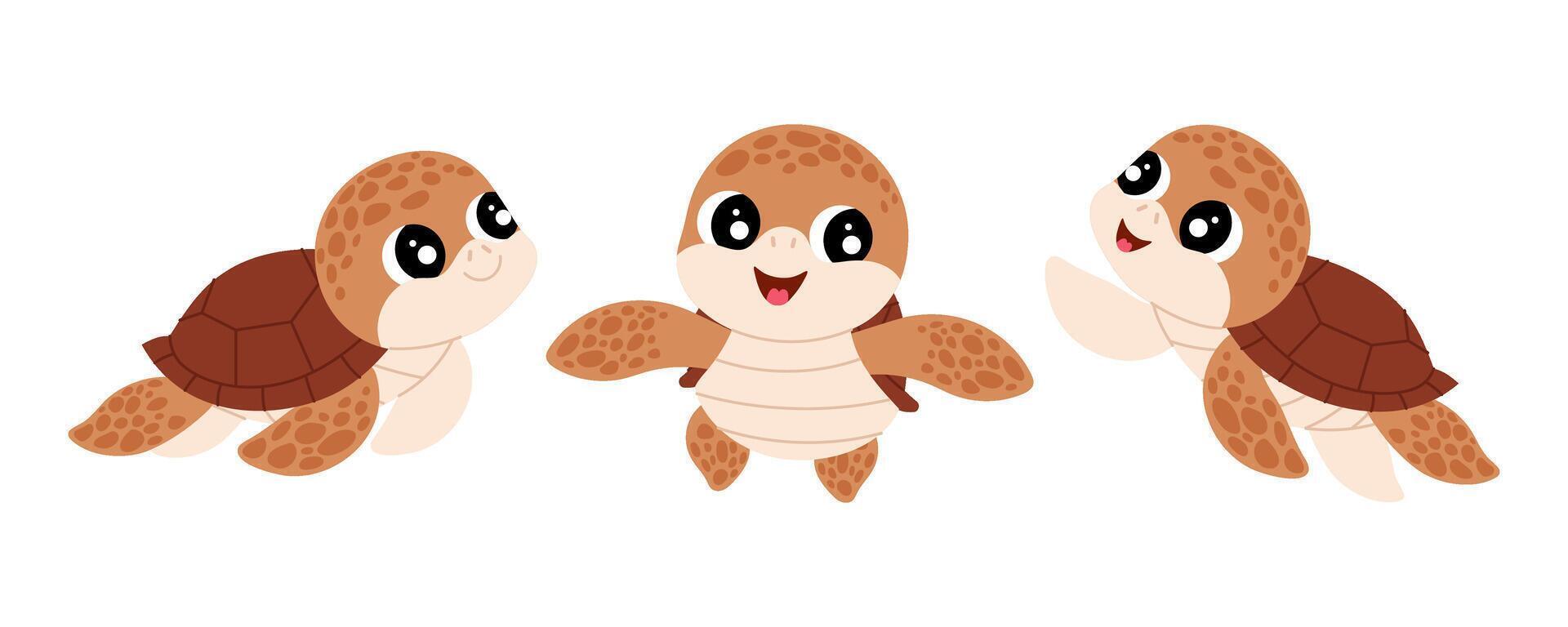 Sea turtle. Flat illustration of marine animals. Cartoon turtle in different poses. vector