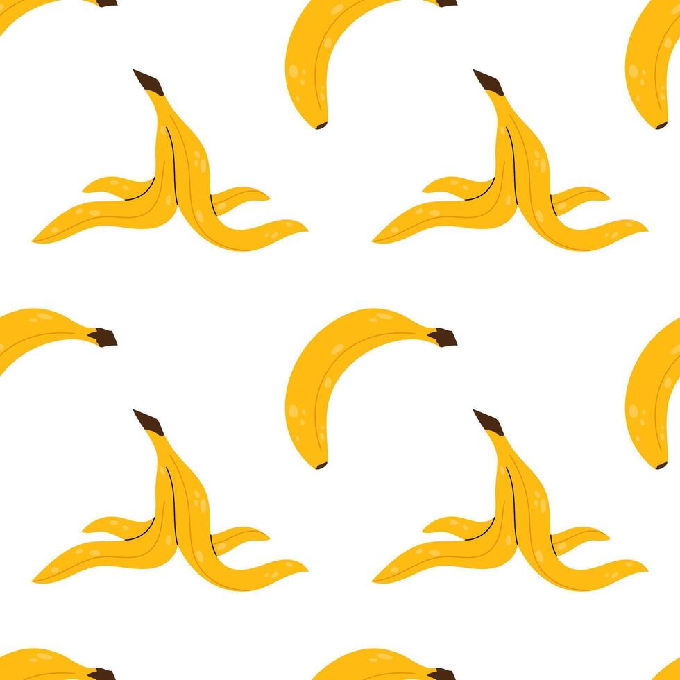 Banana skin. Seamless pattern with yellow ripe banana on white background. For textile, wrapping paper, postcards or covers. vector