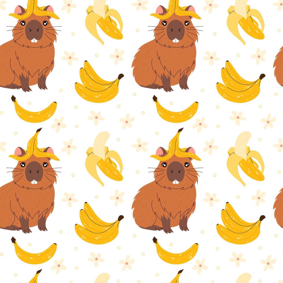 Funny capybara with banana peel on head. Kawaii herbivorous rodent. Tropical fruit. Banana peel. Seamless pattern capybara. For textile, wrapping paper, postcards or covers. vector