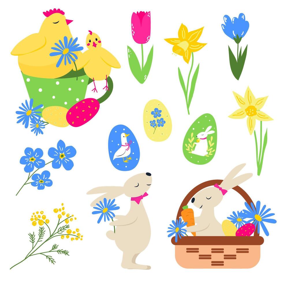 Spring and Easter set of cute animals, chick, rabbit or hare, flowers, eggs and decorations. Good for poster, card, scrapbooking , tag, invitation, sticker kit. Hand drawn illustration. vector
