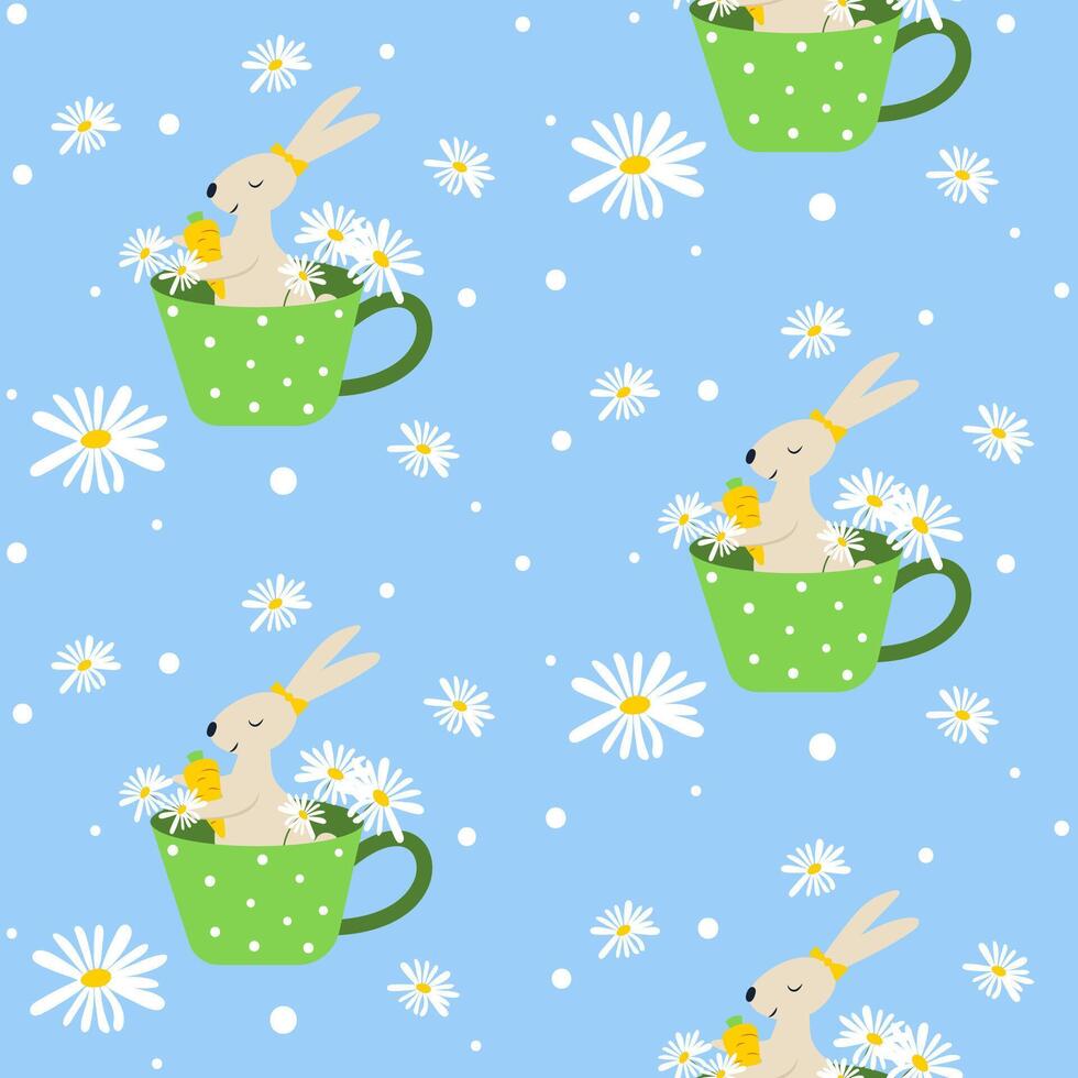 Seamless bright spring floral pattern, background with cute Easter bunny sitting in a cup and daisy flowers. vector