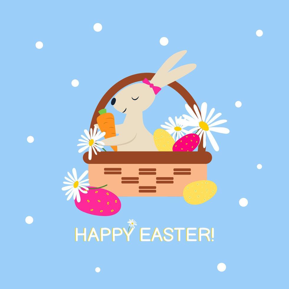 Spring card or poster illustration template with cute bunny in a basket with daisies and eggs. Happy Easter. Seasons greetings inscription. vector