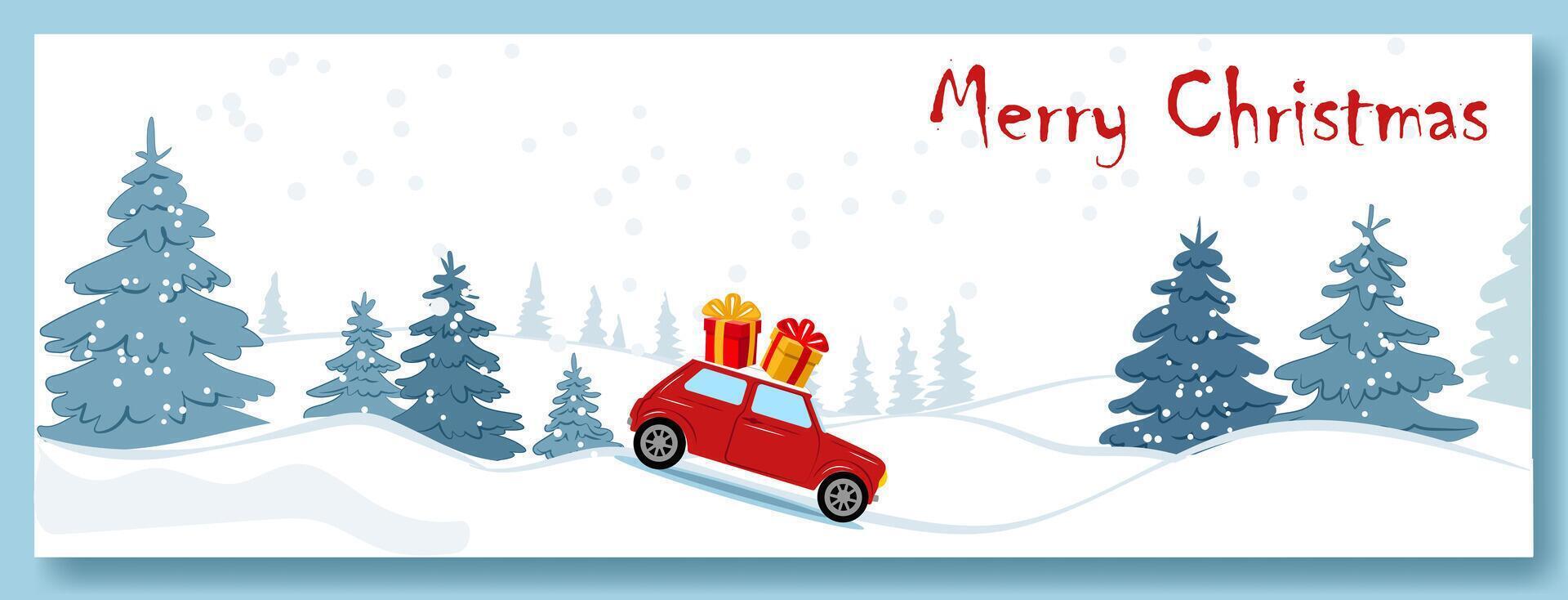 Celebrate winter with a festive red car carrying colorful gifts through a snowy landscape adorned with evergreen trees vector