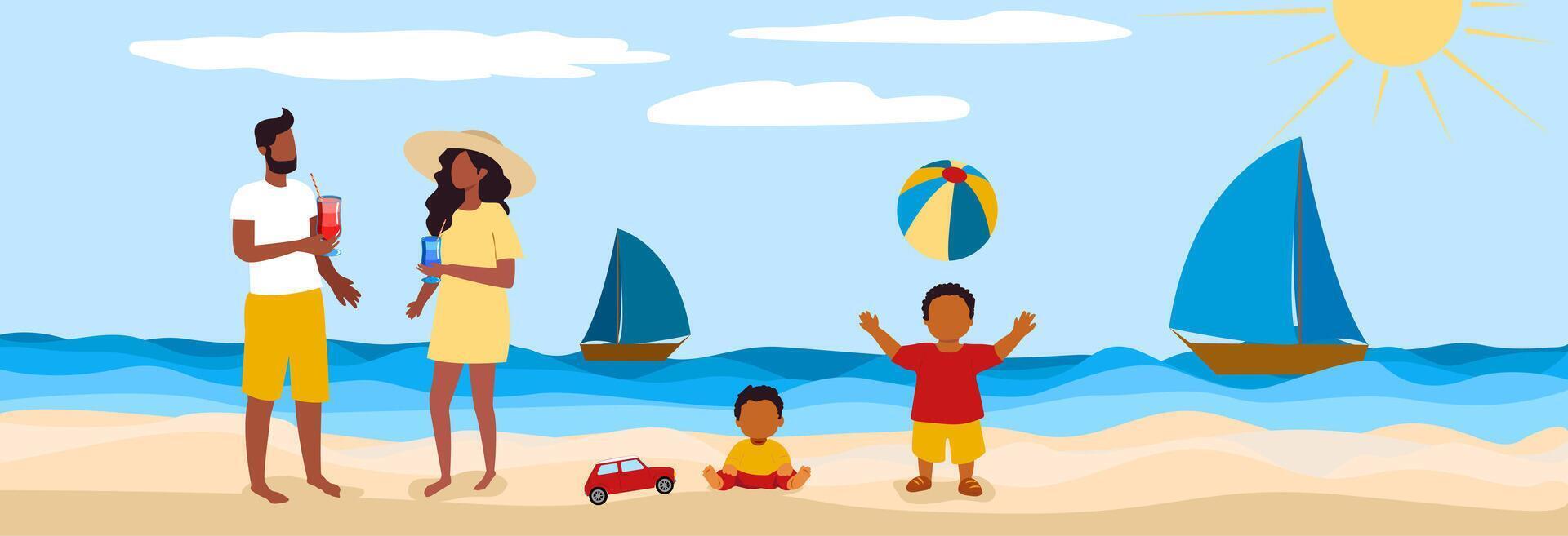 Family enjoying a sunny summer day at the beach with colorful toys and sailboats in the background vector