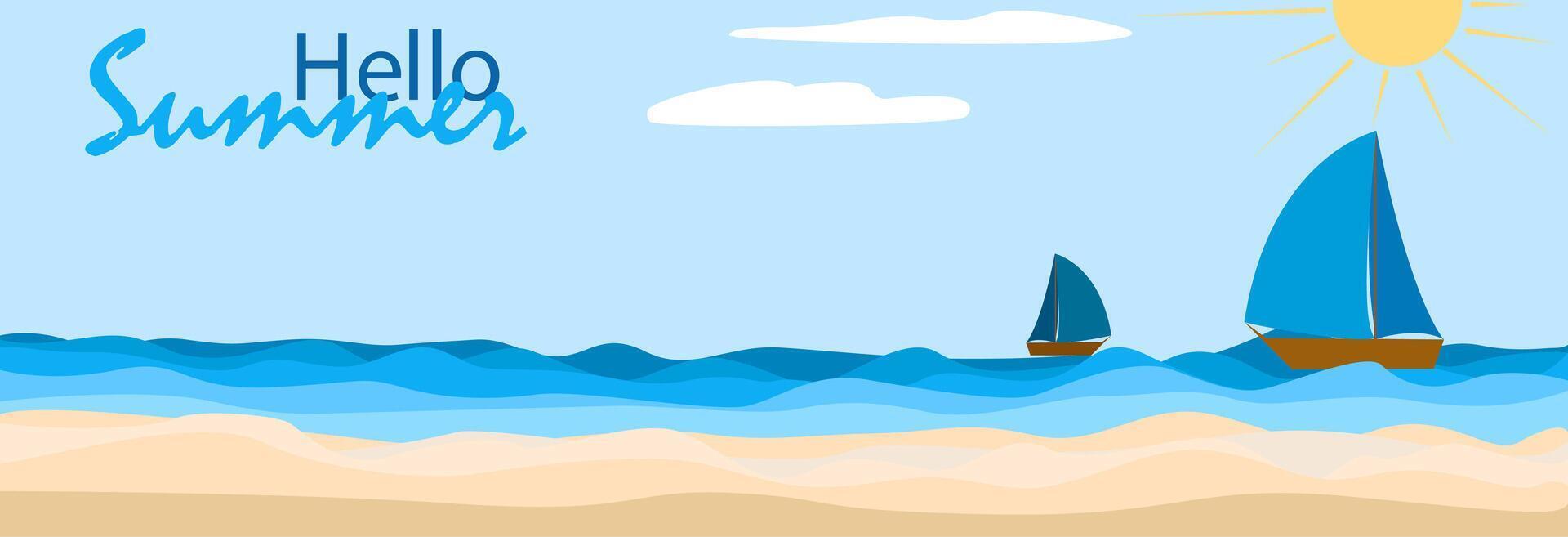 Enjoy sailing on a sunny summer day with bright blue skies and scenic ocean waves in this vibrant illustration vector