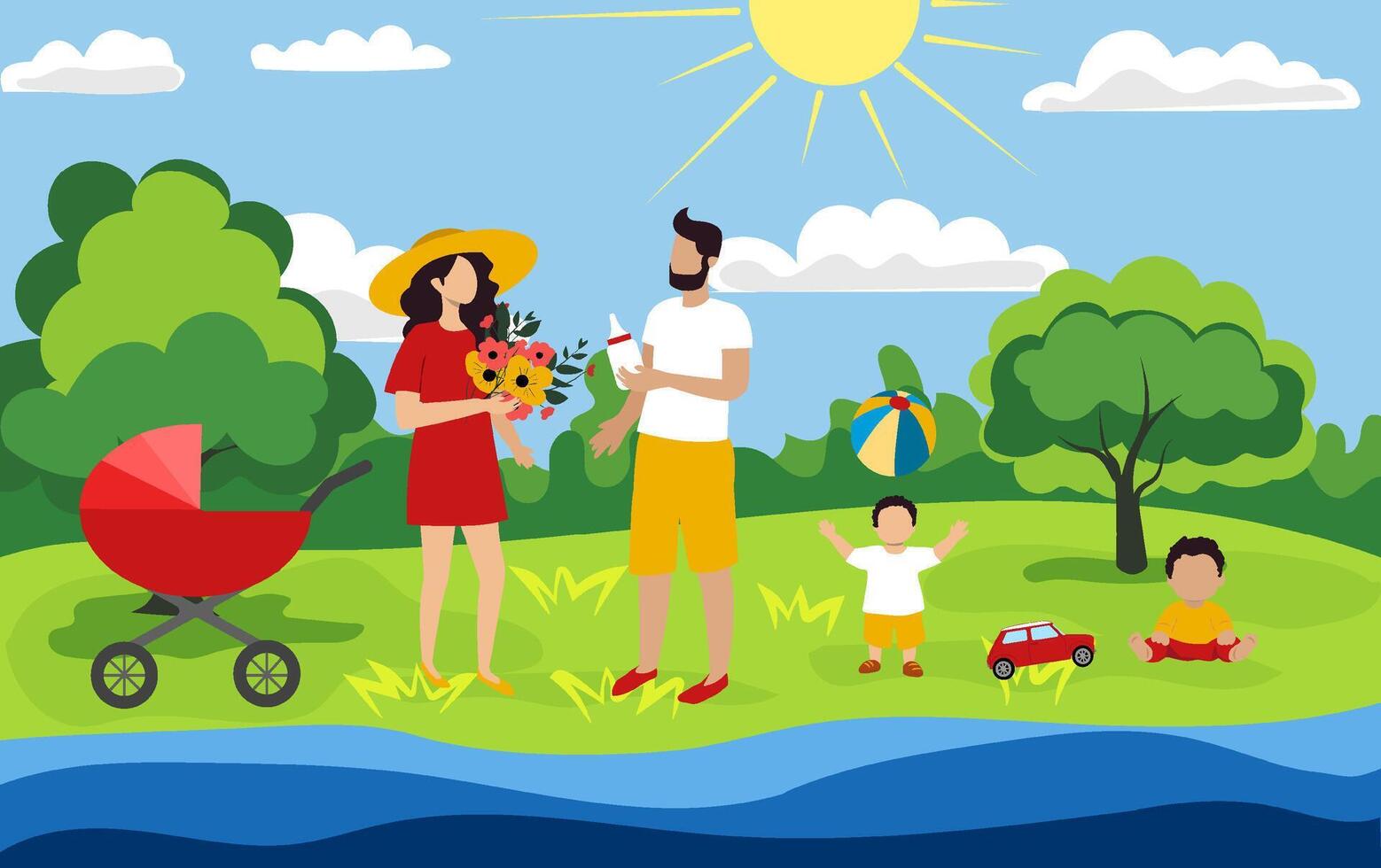 Summer family gathering in a park with parents, children, and a stroller enjoying a sunny day by the river vector