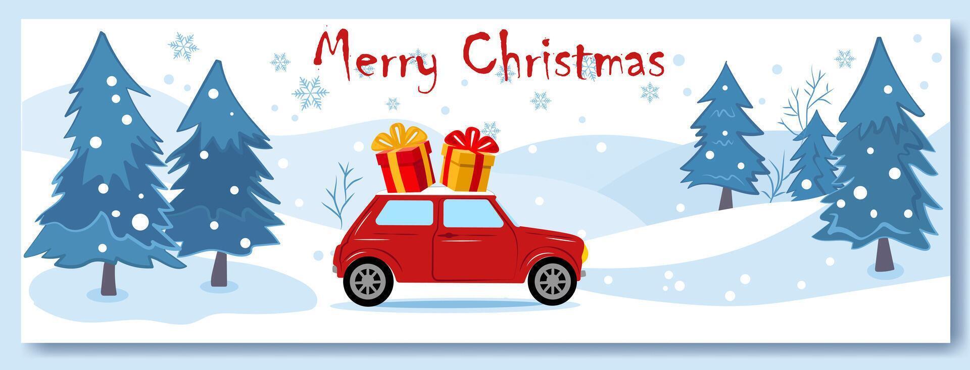 Festive red car carrying gifts travels through a snowy landscape with evergreen trees during the joyful Christmas season vector