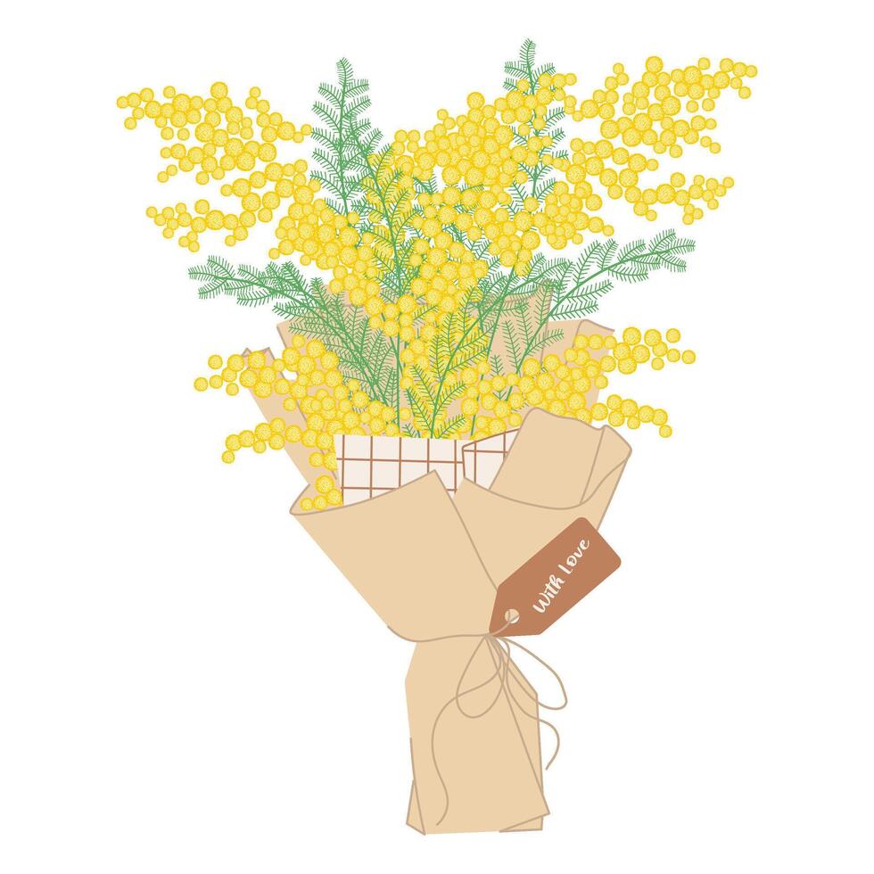Bouquet of mimosa wrapped in decorative paper, tied with a ribbon.Floral illustration in a soft, elegant style for spring holidays vector