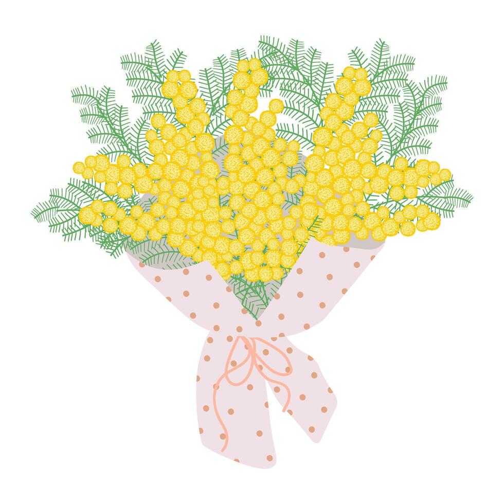Bouquet of mimosa wrapped in decorative paper with dots, tied with a ribbon.Floral illustration in a soft, elegant style for spring holidays vector