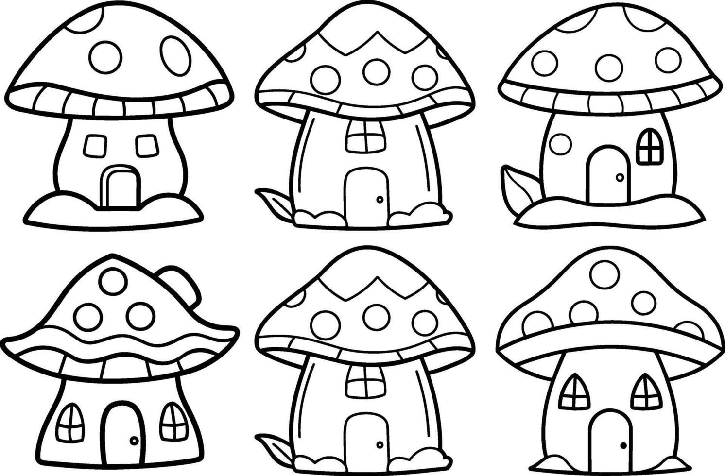 Set of mushroom house outline coloring book page line art illustration vector