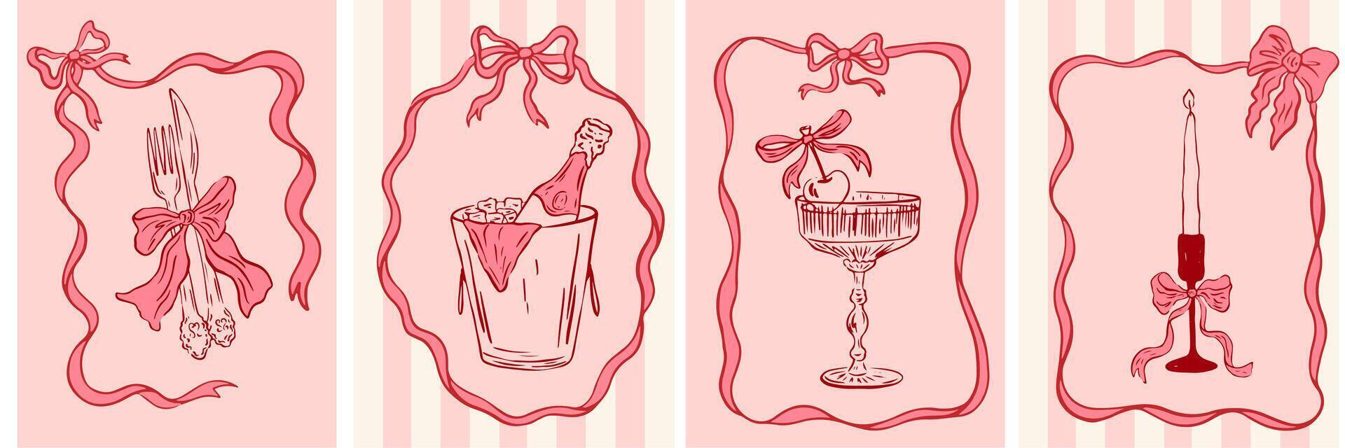 Vintage greeting cards in coquette style. Hand drawn whimsical frames with elegant bows and ribbons. Template for poster, banner, wedding invitation, Valentines day, birthday card. illustration vector