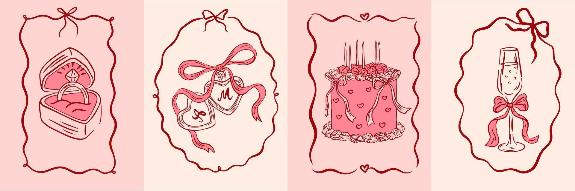 Vintage greeting cards for Valentine's Day in coquette style. Hand drawn whimsical frames with elegant bows and ribbons. Template for poster, banner, wedding invitation, birthday card. illustration., vector