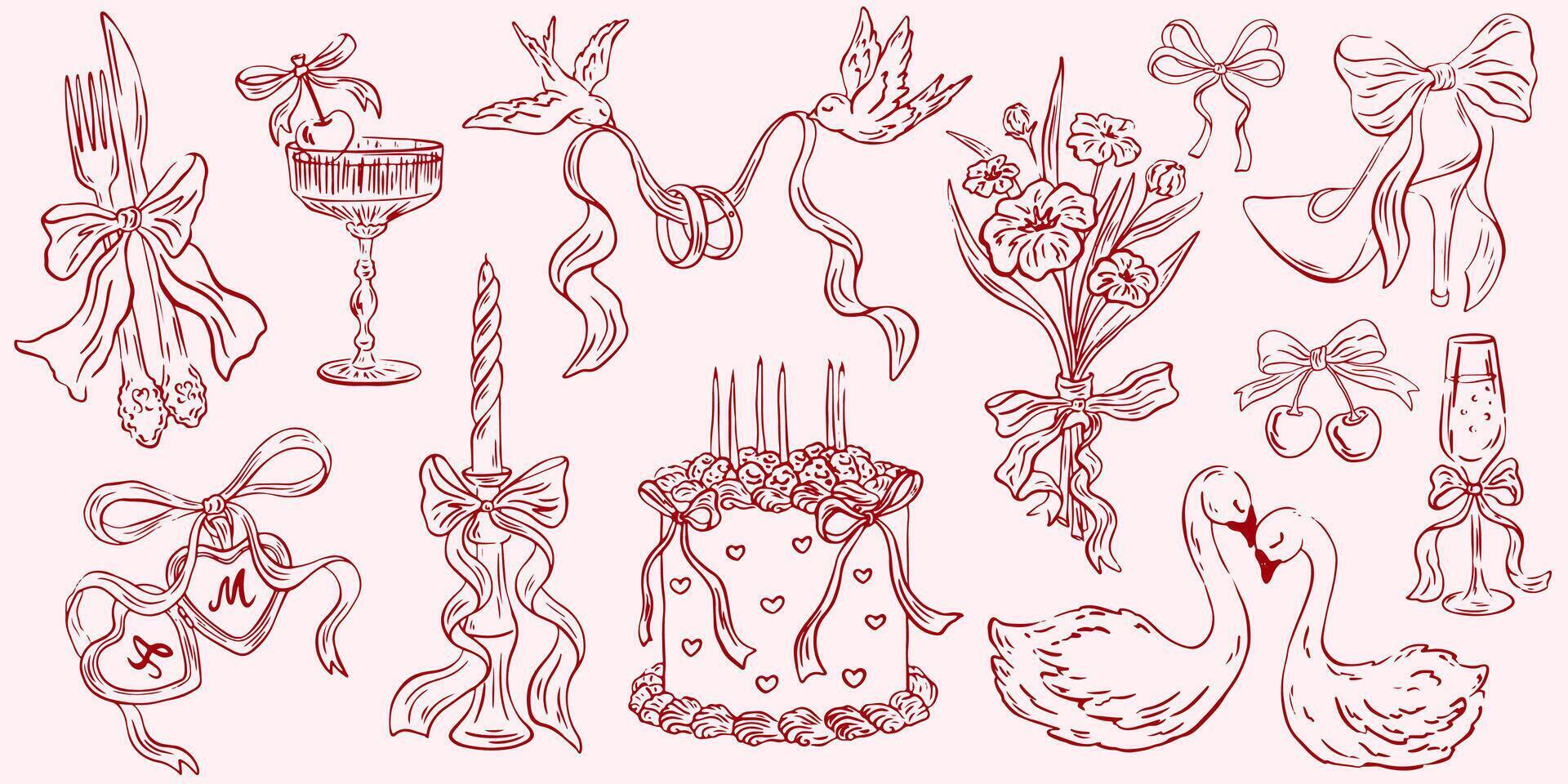 Wedding line art illustrations in doodle ink style. Dinner icons. Elegant just married party hand drawn elements. Casual vintage drawings for invitations, cards, greetings. Save the date vector