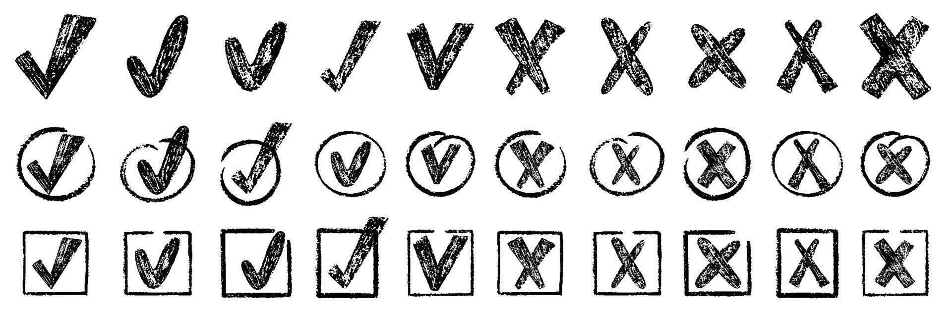 Check marks doodle set. Vote, yes, no, checkbox, checklist, tick and cross signs, v and x drawn concept. Hand drawn crayon sketch style illustration. vector