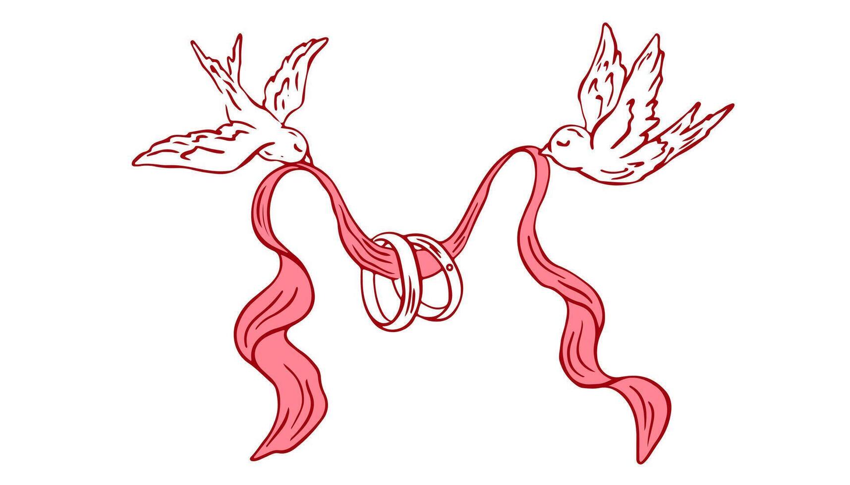 Doves with wedding rings and ribbon. Coquette hand drawn Romantic invitation design and symbol engagement and love marriage. Romantic messenger concept in doodle lineart style for invitation vector