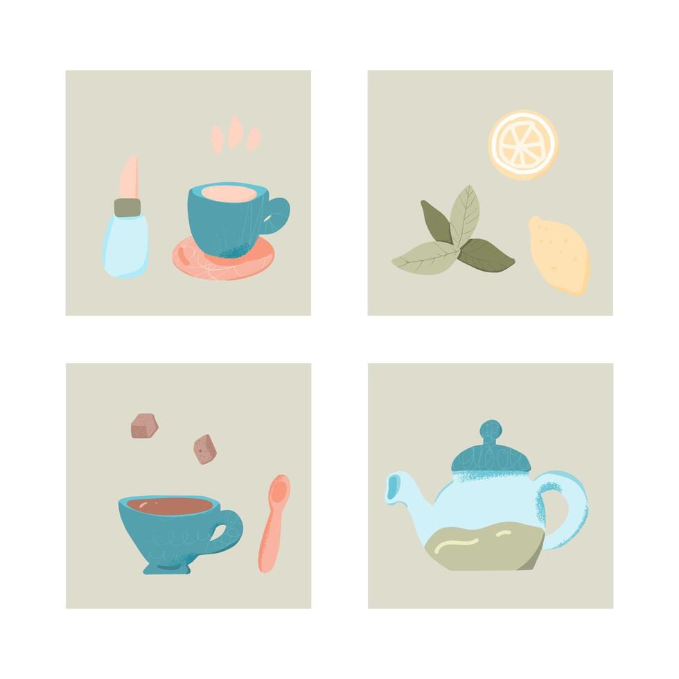 Tea flat set. Cups and teapots. illustration. vector