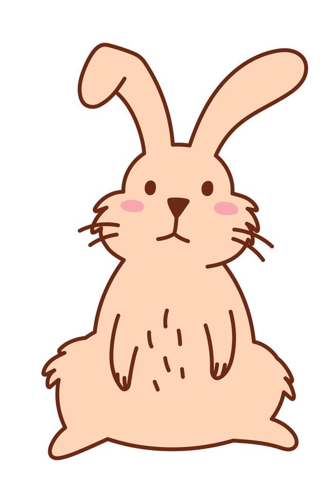 Cute Fluffy Rabbit with Whiskers Sits on Butt. Adorable Hand Drawn Bunny Illustration. Playful Cartoon Animal for Kids, Easter, Stickers, Prints, and Digital Projects vector