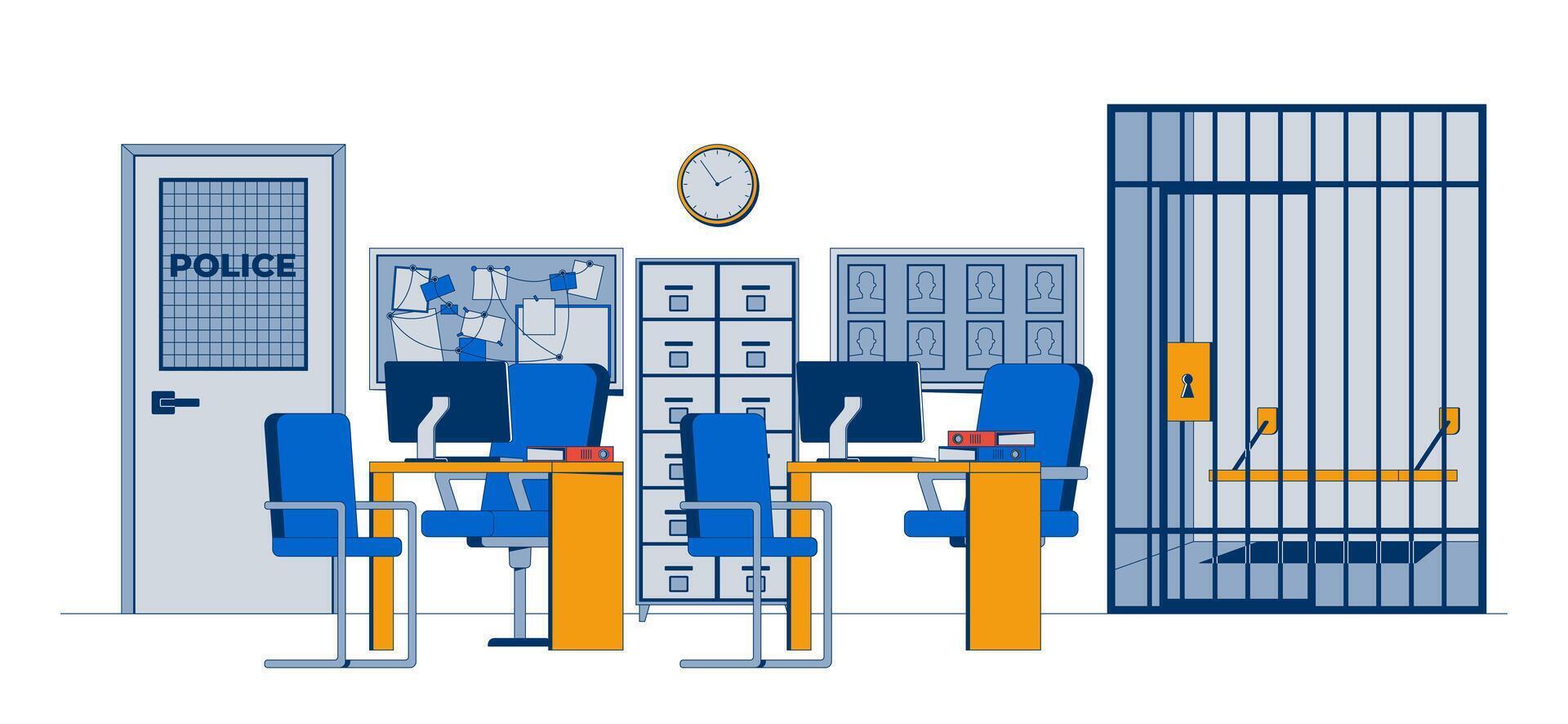 Police station interior with jail cell 2D illustration. Work desks, computers, filing cabinet, suspect board investigation flat scene isolated on white background. Colorful cartoon image vector