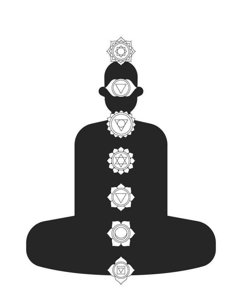 Chakra alignment on meditating human silhouette 2D line object. Yoga posture. Balance holistic wellness. Spiritual energy centers isolated clipart ink outline item. Monochrome spot illustration vector