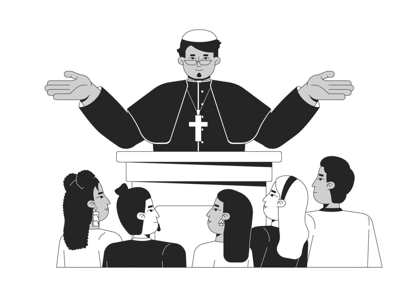 Theocracy and religious governance line illustration concept. Church power. Clergyman podium. Cardinal priest political sermon outline 2D characters isolated. Ink linear drawing art vector