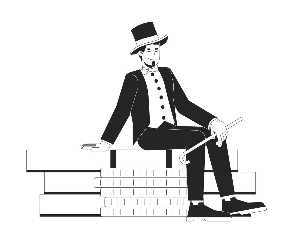 Wealthy man in tuxedo and top hat sitting on money stack 2D line character. Male capitalist holding cane on cash gold coins isolated ink outline person. Monochromatic spot illustration vector