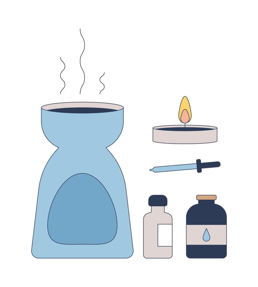 Aromatherapy essentials 2D cartoon objects set. Oil burner, tealight candle, dropper, essential oil bottles isolated elements flat clip arts on white. Spot illustrations collection vector