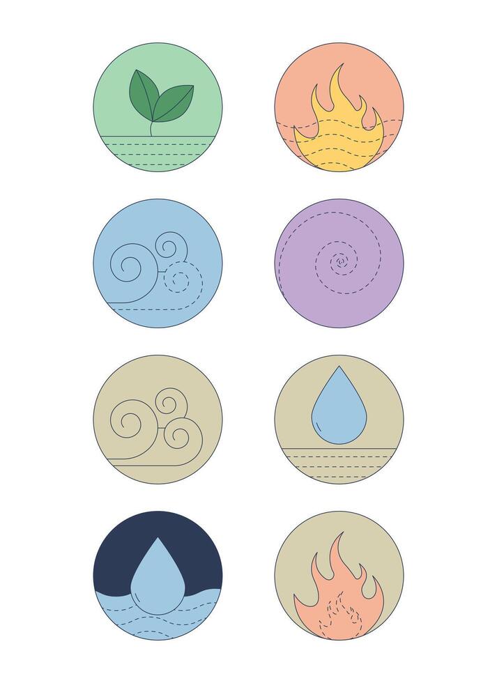 Circular elemental symbols for energy and balance 2D cartoon objects set. Air, fire, water, earth, spirit nature forces isolated elements flat clip arts on white. Spot illustrations collection vector