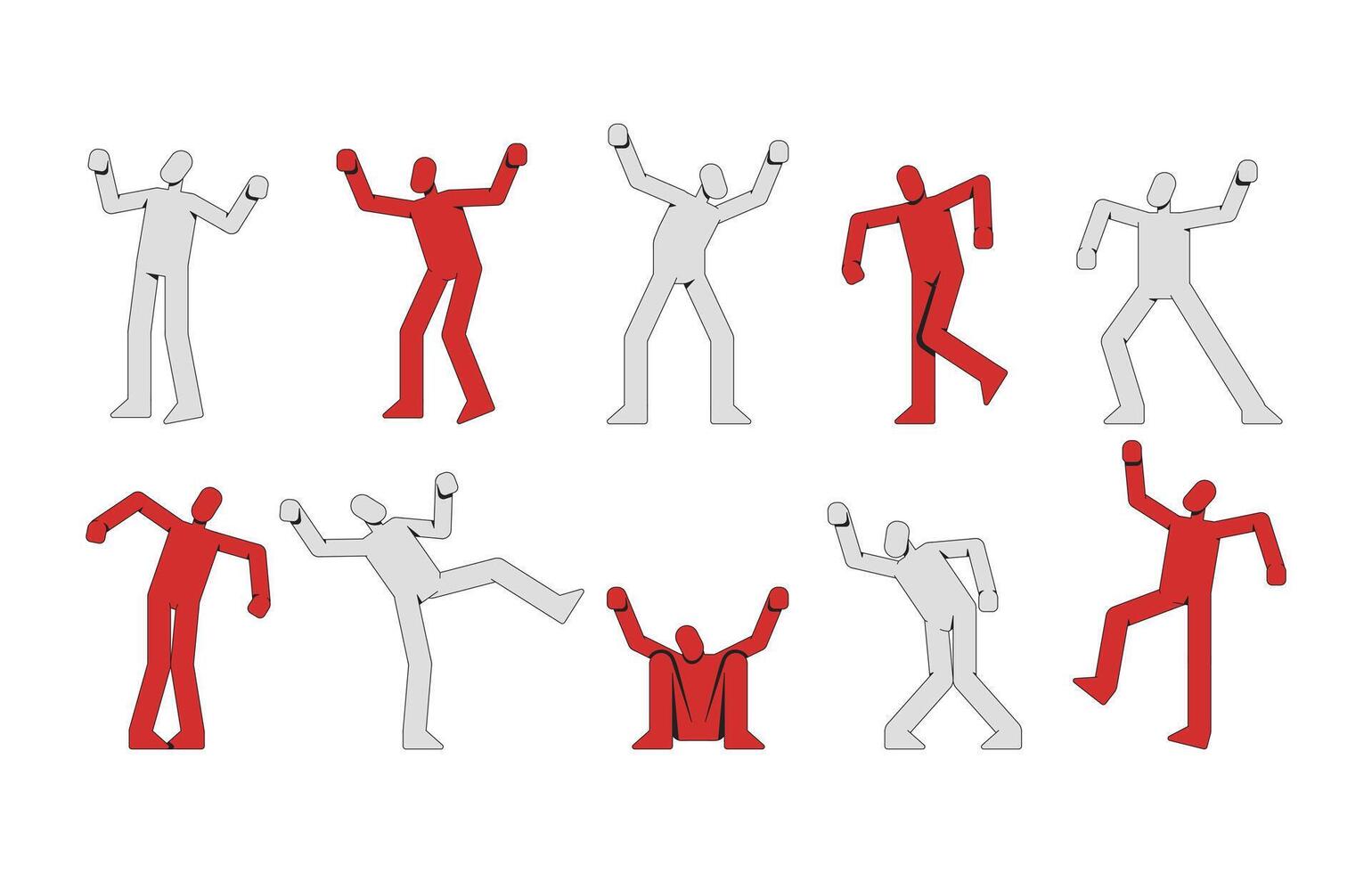 Abstract faceless human figures in dynamic poses 2D cartoon characters set. Body motion. Puppets manikin. Dancing silhouettes flat people isolated on white. Spot illustrations collection vector