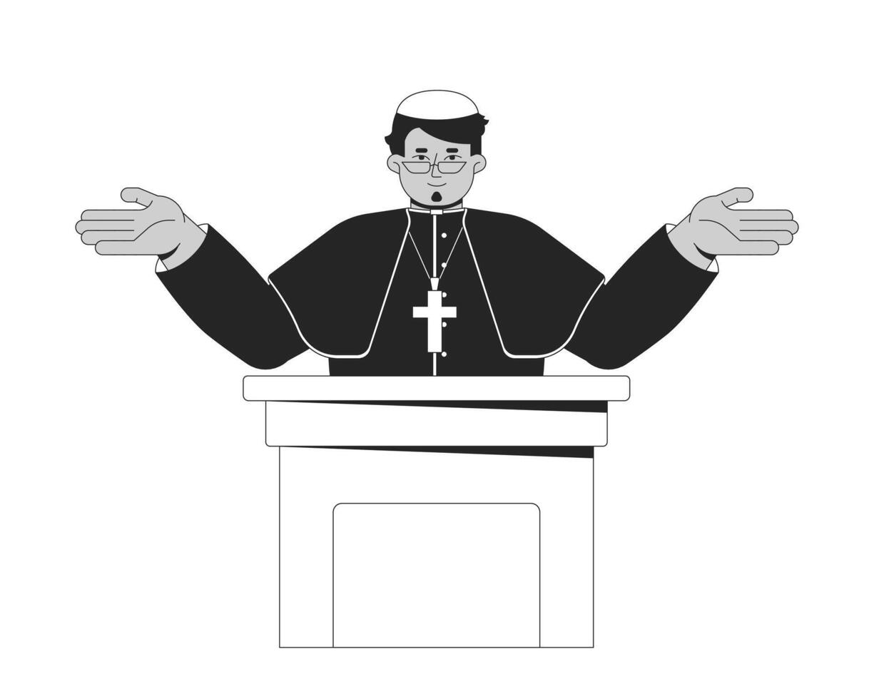 Catholic cardinal giving speech at podium 2D line character. Male priest sermon. Religious leader wearing robes with cross isolated ink outline person. Monochromatic spot illustration vector