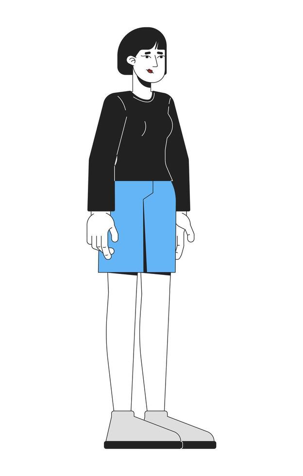 Unhappy korean woman in black longsleeve and blue shorts 2D cartoon character. Stress reaction. Unhappy mood. Ordinary citizen flat person isolated on white. Spot illustration colorful vector