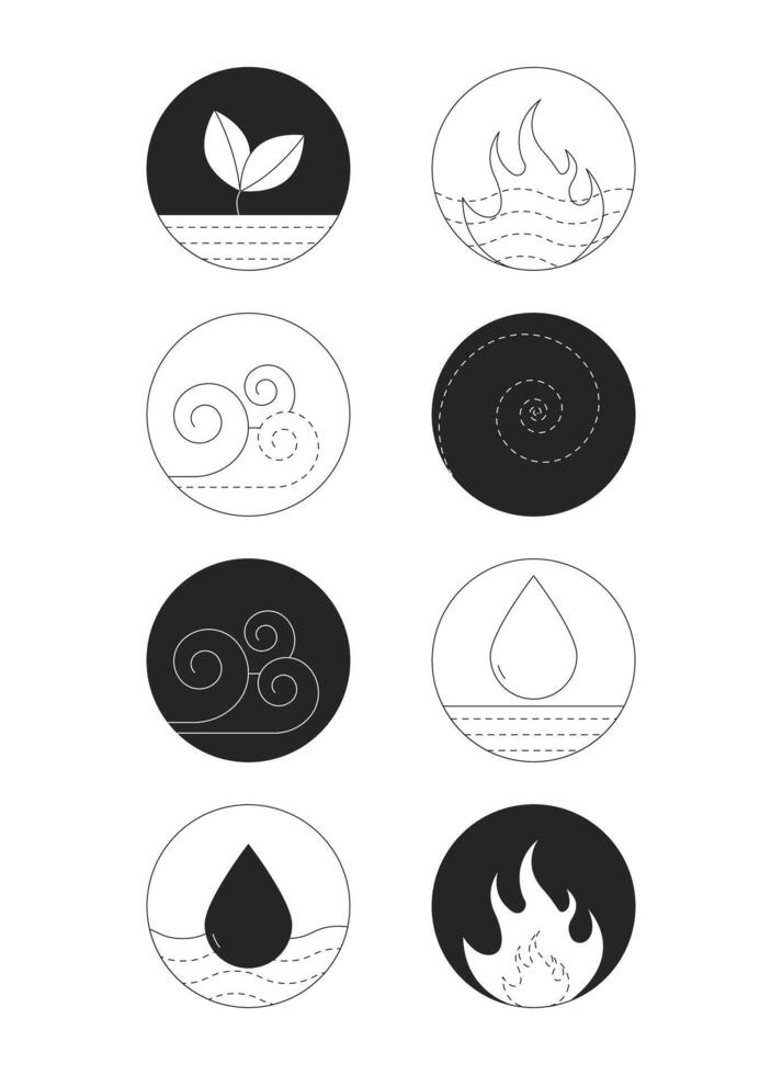 Circular elemental symbols for energy balance 2D line objects set. Air, fire, water, earth, spirit nature forces isolated cliparts ink outline items. Monochrome spot illustrations collection vector